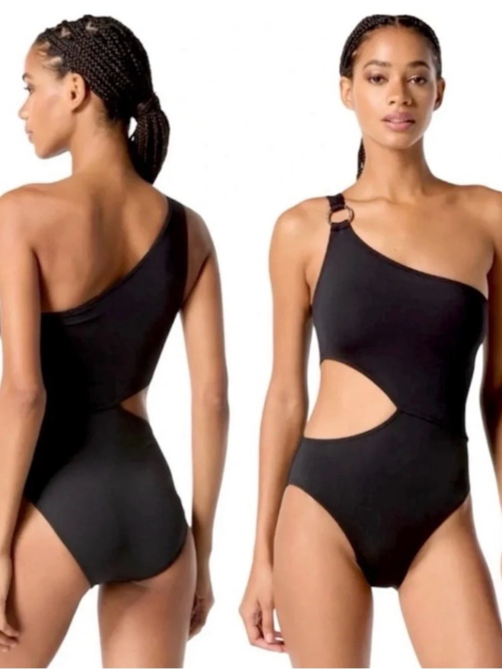 MICHAEL Michael Kors Black One-Shoulder Cutout One-Piece Swimsuit with Gold Ring